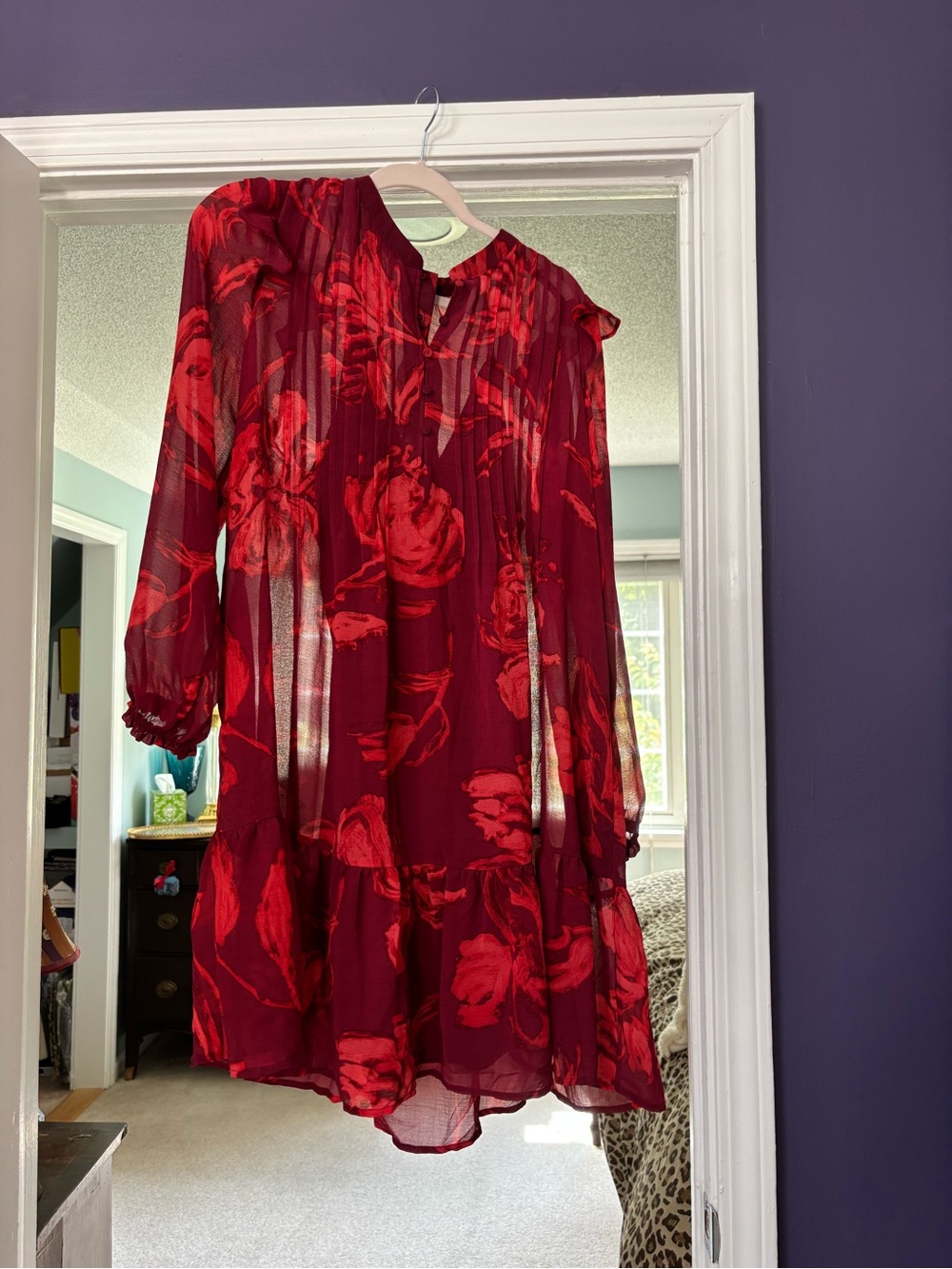 Time and Tru Red Floral Long Sleeve Tiered Dress